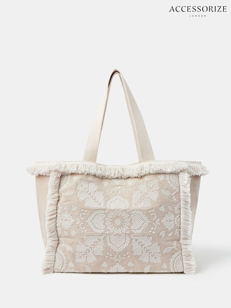 Accessorize Natural Embroidered Fringe Tote Bag (W96764) | R$ 345