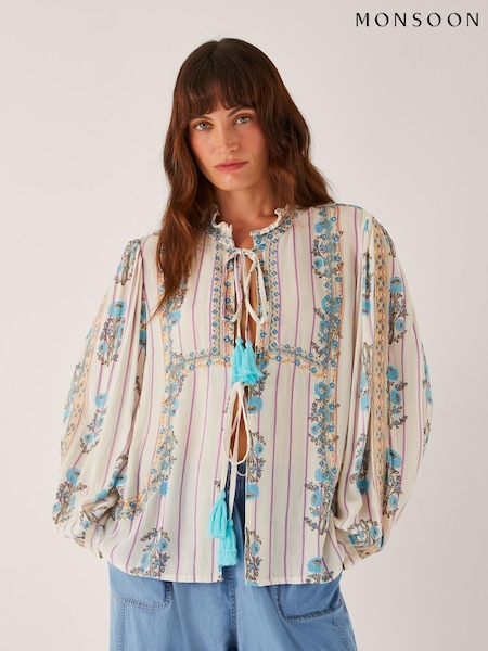 Monsoon Cream Elora Floral Print Stripe Tie Blouse (W96946) | €83