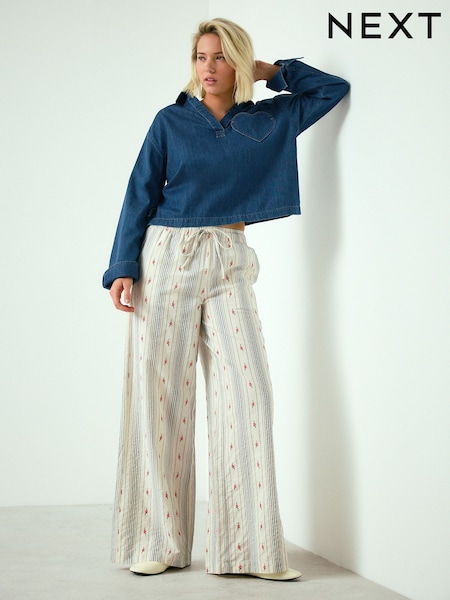 Ecru Stripe Wide Leg Trousers With Flowers (W97105) | €45
