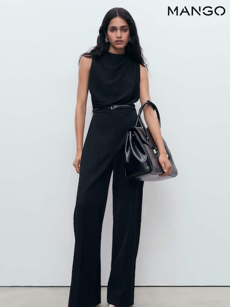 Mango Black Long Jumpsuit With Draped Neck and Belt (W97205) | €83