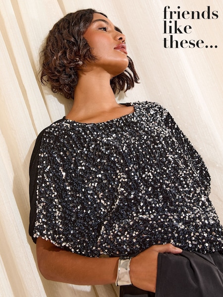 Friends Like These Black Velvet Sequin Flutter Sleeve Top (W97375) | €44