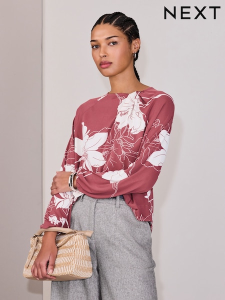 Roz cu imprimeu floral - Twist Neck Long Sleeve Blouse (W97469) | 204 LEI