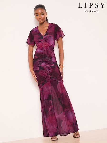 Lipsy Floral Print Ruched Mesh Maxi Dress (W97587) | kr1 084
