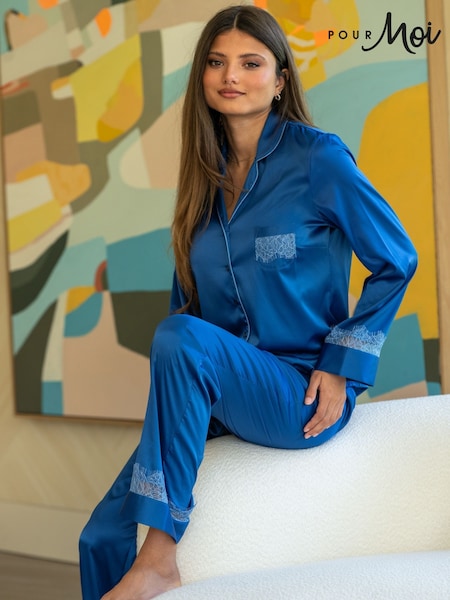 Pour Moi Blue Dusk Satin and Lace Cuban Collar Pyjamas Set (W97627) | €60