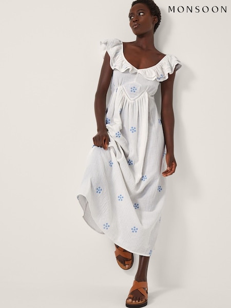 Monsoon White Daisy Frill Embroidered Midi Dress (W97716) | €95