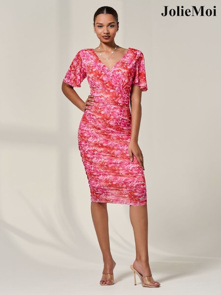 Jolie Moi Pink Angel Sleeves Floral Print Mesh Bodycon Dress (W97860) | €79