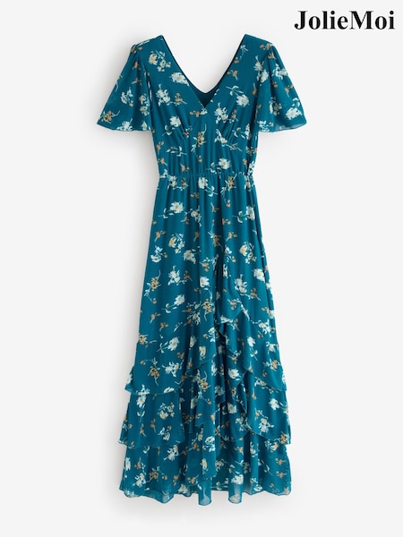 Jolie Moi Blue Tiered Hem Angel Sleeve Floral Print Maxi Dress (W97864) | €77