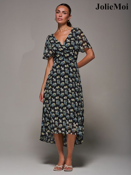 Jolie Moi Black Floral Print Chiffon V-Neck Midaxi Dress (W97866) | €77