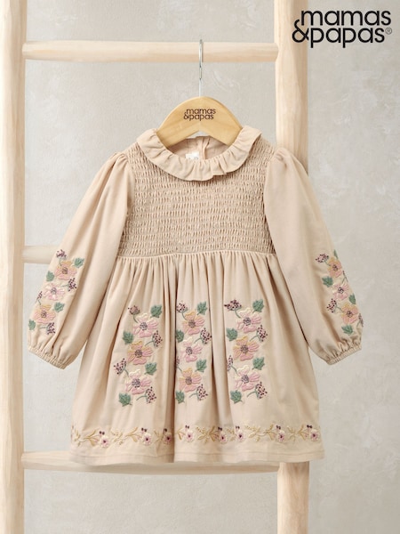 Mamas & Papas Embroidered Cord Brown Dress with Frill Neck (W97910) | €51