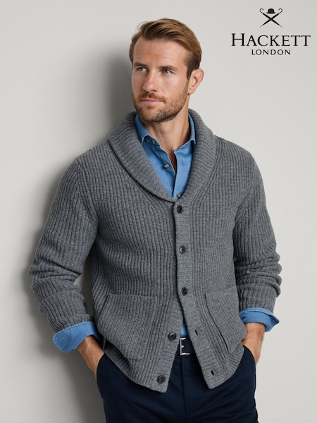 Hackett Grey Merino Wool Ribbed Shawl Cardigan (W97995) | €424