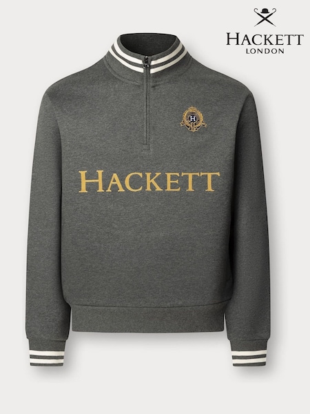 Hackett Grey Heritage Embroidered Crest Logo Quarter Zip Sweater (W98006) | €283