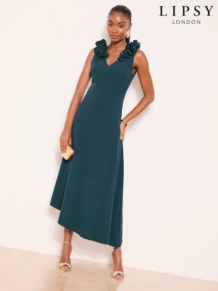 Lipsy Teal Blue Petite Flower Trim V-Neck Skater Dress (W98089) | €109