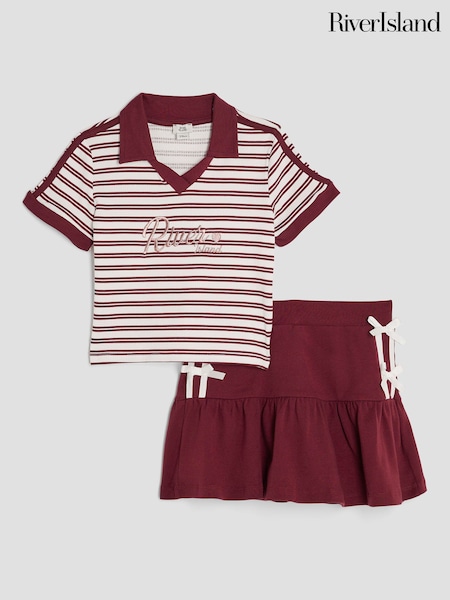 River Island Red Girls Stripe Polo Shirt and Skirt Set (W98367) | €40