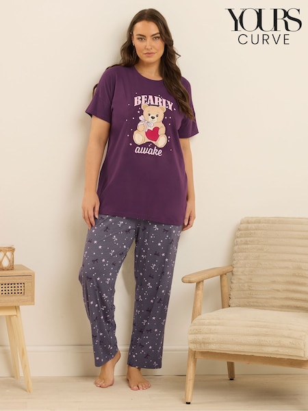 Yours Curve Purple Bearly Awake Short Sleeve Wide Leg Pyjamas Set (W98403) | €38