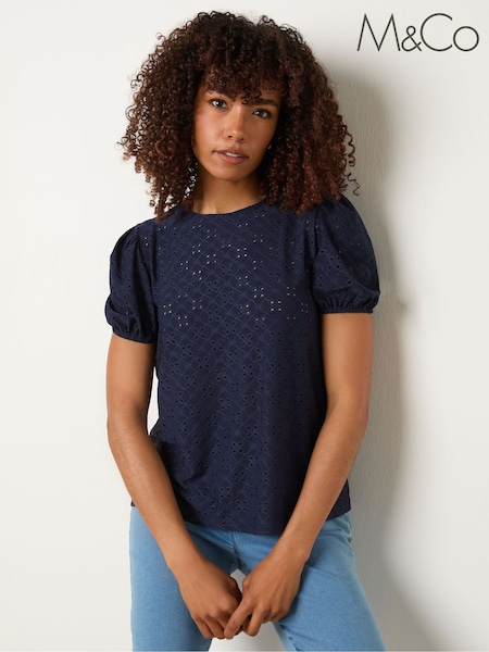 M&Co Blue Broderie Puff Sleeve Blouse (W98407) | €33