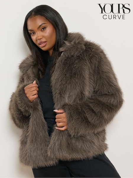 Yours Curve Brown Faux Fur Hooded Jacket (W98411) | AED431