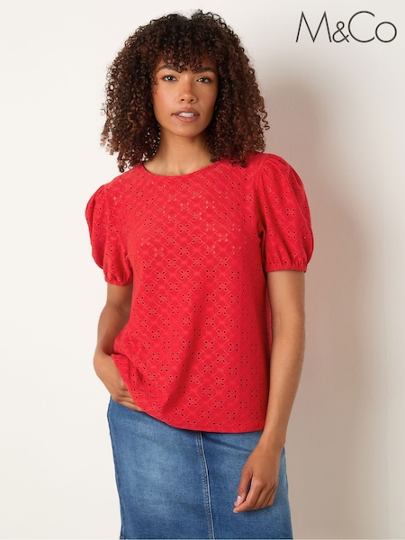 M&Co Red Broderie Puff Sleeve Blouse (W98422) | €33