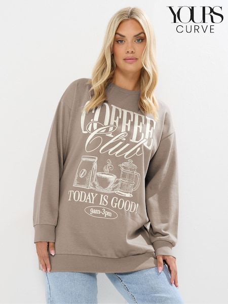 Yours Curve Brown Coffee Illustration Crew Neck Jumper (W98460) | 144 QAR