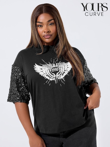 Yours Curve Black Limited Sequin Sleeve Graphic Print T-Shirt (W98462) | €29