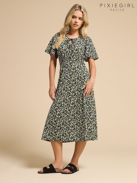 PixieGirl Petite Ditsy Tie Neck Midi Dress (W98470) | R$ 305