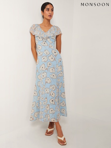 Monsoon Blue Chloe Floral Print Ruffle Maxi Dress (W98529) | €165