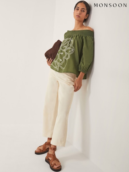 Monsoon Green Julie Embroidered Bardot Blouse (W98533) | €63