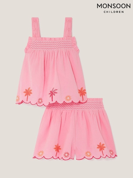 Monsoon Pink Palm Embroidered Top & Shorts Set (W98539) | €45 - €53