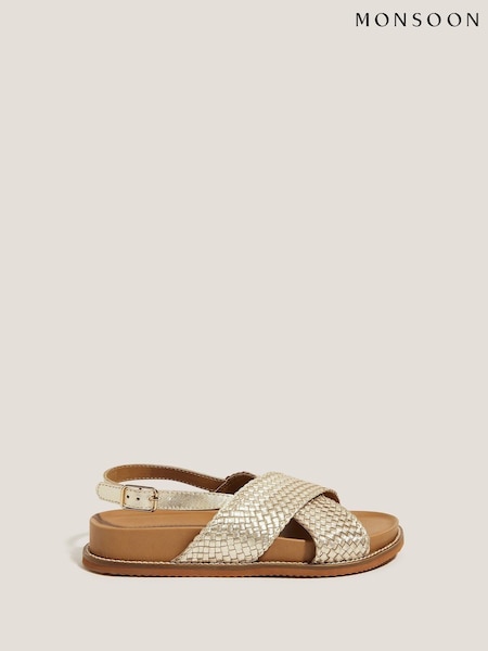 Monsoon Gold Bree Braided Leather Cross-Over Sandals (W98542) | €75