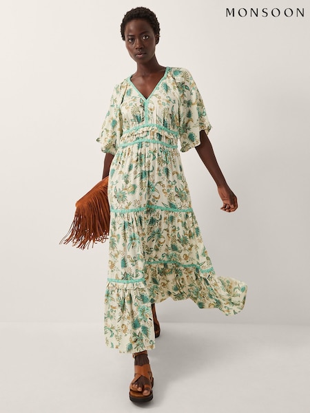 Monsoon Natural Saoirse Floral Tiered Midi Dress (W98543) | €102