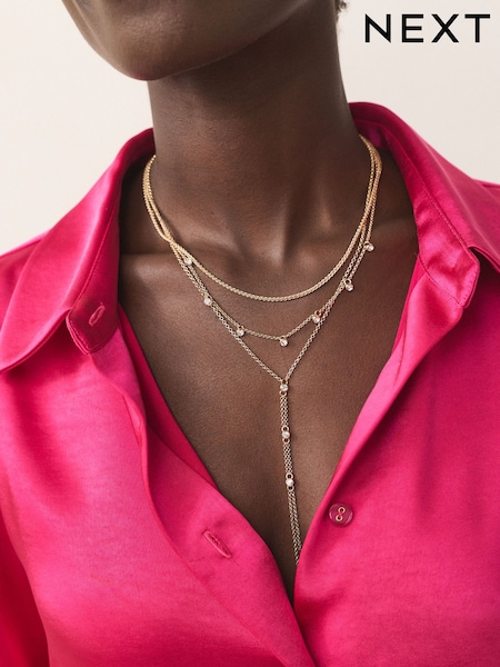 Gold Tone Sparkle Detail Layered Drop Necklace (W98599) | €26.50