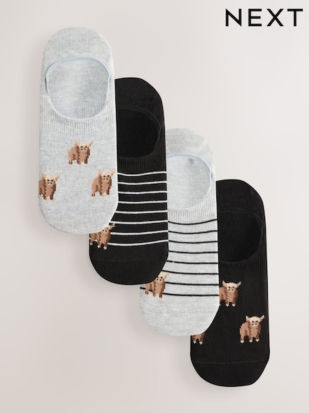 Black/White Hamish The Highland Cow Stripe Invisible Trainer Socks 4 Pack (W98679) | €10
