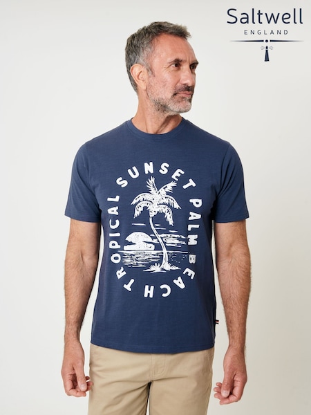 Saltwell Blue Tropical Graphic Print Crew Neck T-Shirt (W98756) | R$ 195