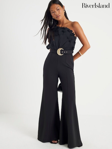 River Island Black Petite 3D Trim One Shoulder Jumpsuit (W98958) | €101
