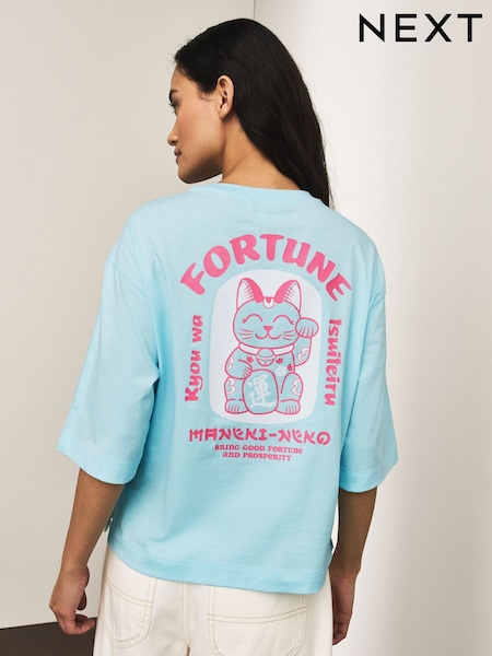 Aqua Blue Graphic Lucky Cat Short Sleeve Crew Neck T-Shirt (W99028) | $30