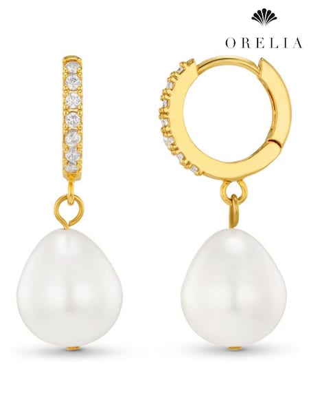 Orelia London Gold Tone Pearl Drop Pave Hoop Earrings (W99217) | €40