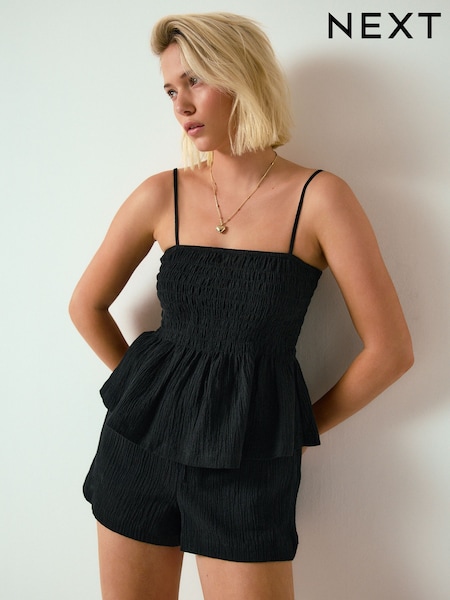 Black - Textured Shorts With Linen