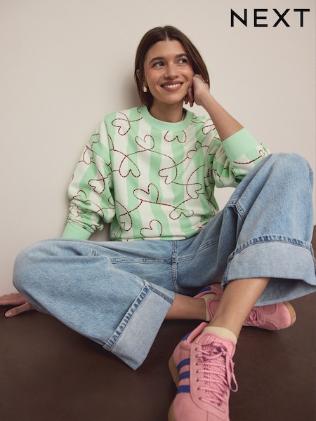 Green Heart Stripe Supersoft Peached Essentials Crew Neck Seam Detail Sweatshirt (W99450) | LEI 153