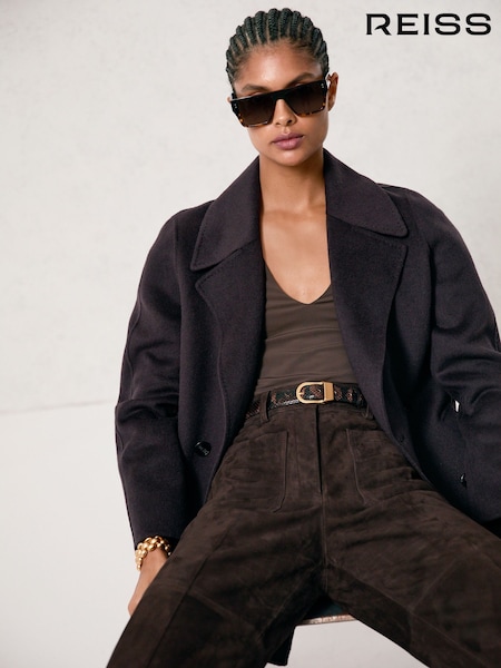 Reiss Chocolate Brown Priya Suede High-Rise Flared Trousers (W99818) | €555