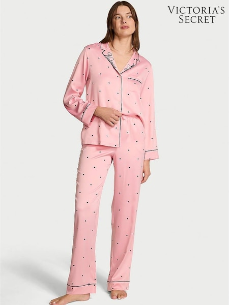 Victoria's Secret Dusk Pink with Black Tiny Hearts Satin Long Pyjamas Set (W99875) | €79 - €86