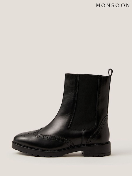 Monsoon Black Eli Brogue Leather Chelsea Boots (W99908) | €105
