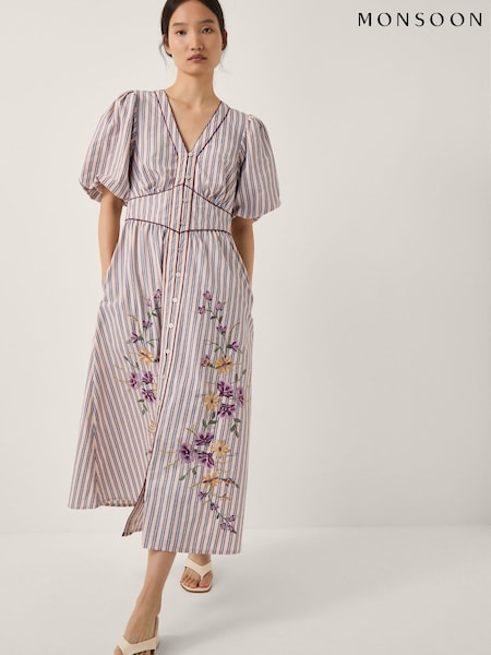 Monsoon Alexis Embroidered Stripe Midi Dress (W99909) | R$ 890
