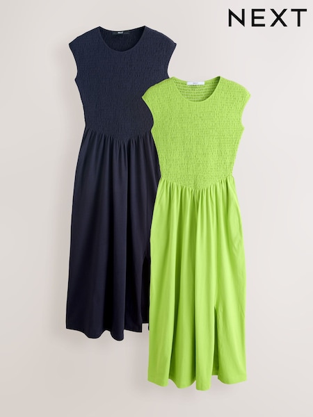 Lime Green / Navy Blue - Cap Sleeve Shirred Body Jersey Midi Dress 2 Pack (W99967) | 370 LEI