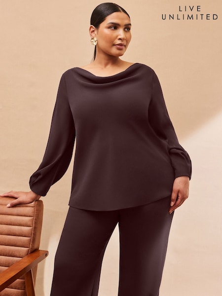 Live Unlimited Brown Curve Chocolate Cowl Neck Blouson Sleeve Blouse (Y00186) | €91