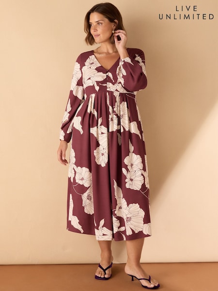 Live Unlimited Burgundy Floral Print Button Up Midaxi Dress (Y00192) | €131
