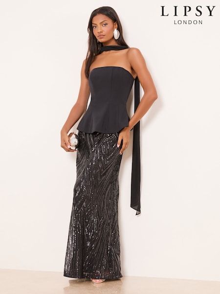 Lipsy Black Premium Bandeau Corset Sequin Combination Maxi Dress (Y00224) | €214