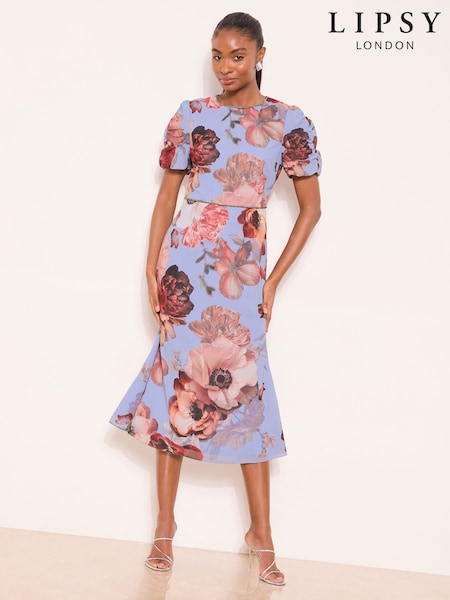 Lipsy Bead Trim Floral Print Fit And Flare Midi Dress (Y00253) | kr1 414