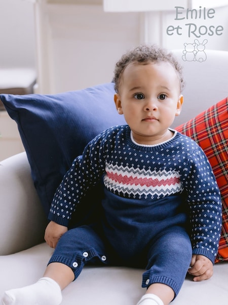 Emile Et Rose Blue Keane Knitted All-In-One with Striking Fairisle Design and Hat (Y00266) | €66
