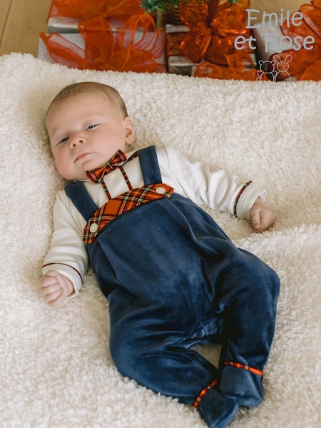 Emile Et Rose Blue Kenneth All-In-One with Navy Velour Lower Braces and Tartan Trim (Y00280) | €54