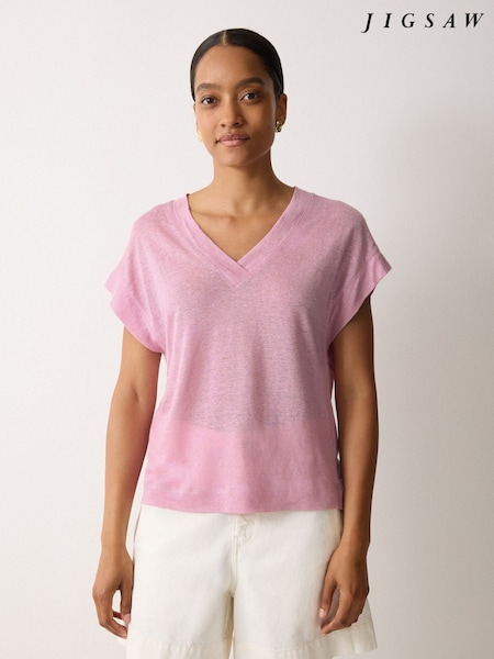 Jigsaw Pink Linen V-Neck T-Shirt (Y00365) | €95