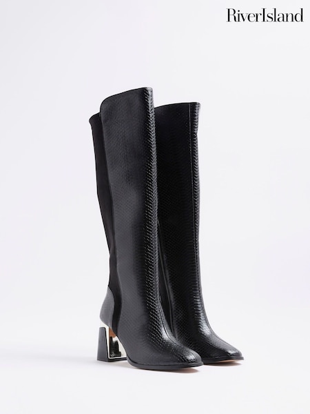 River Island Black Metal Heel Knee High Boots (Y00383) | €87